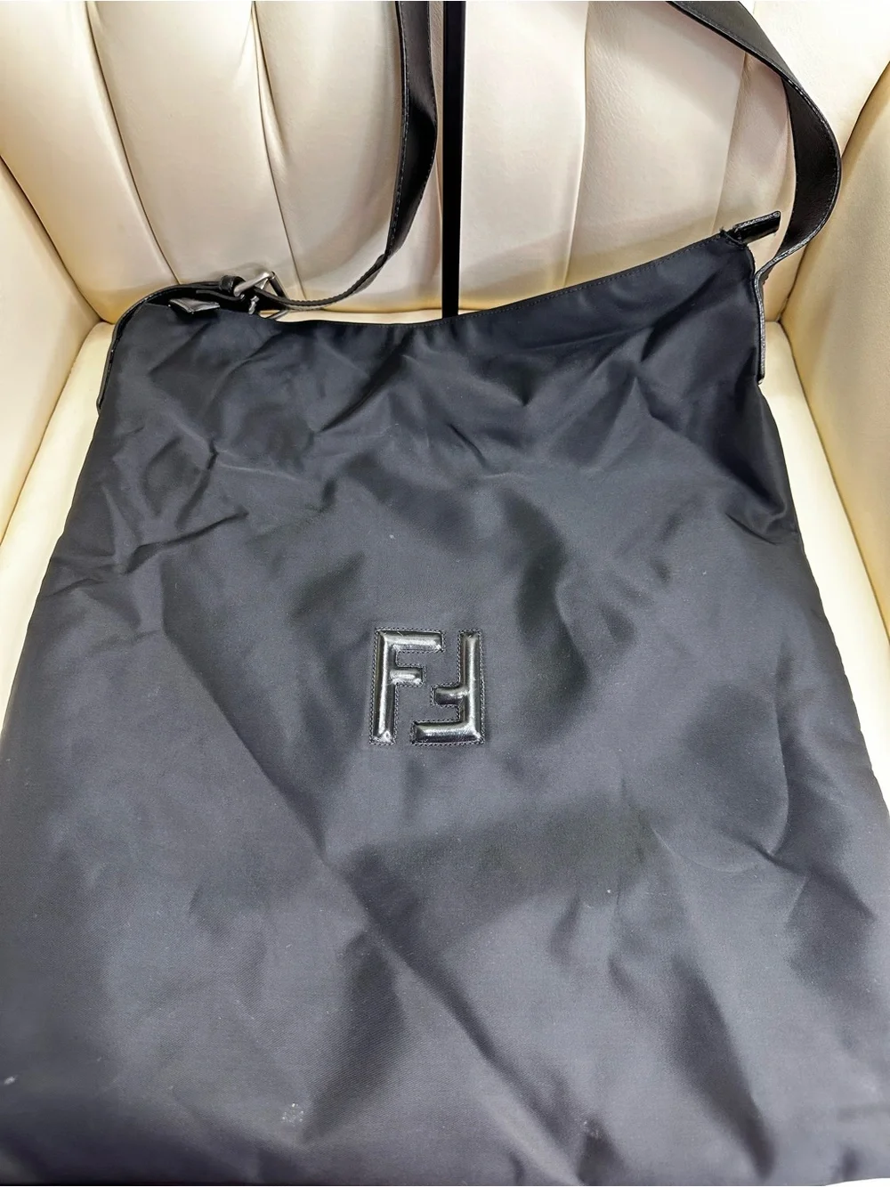 Fendi Black Nylon Messenger Bag with Tonal FF Logo